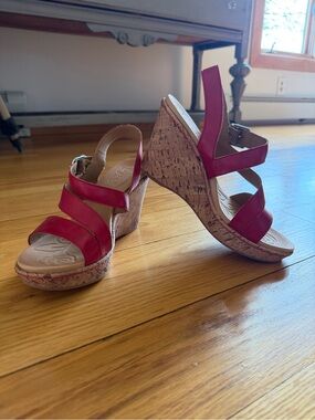 B.O.C Cork Wedge Sandals in Red with Adjustable Ankle Strap